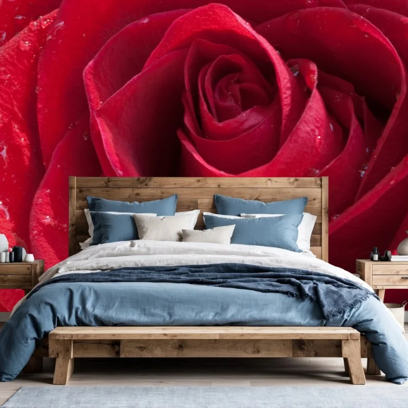 Fototapete rote rose nahaufnahme mit wassertropfen