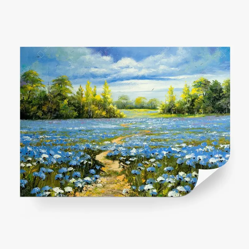Fototapete pfad durch eine blaue kornblumenwiese