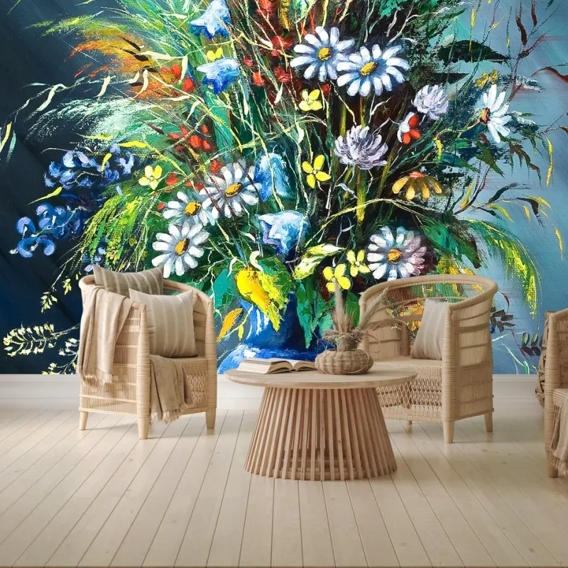 Fototapete strauß wilder blumen in blauer vase