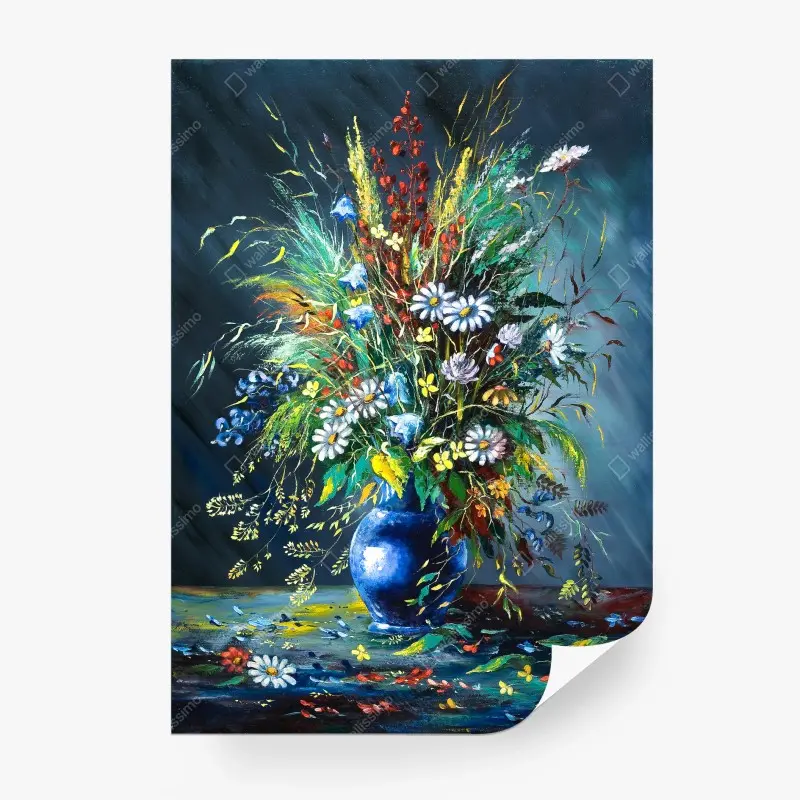 Fototapete strauß wilder blumen in blauer vase
