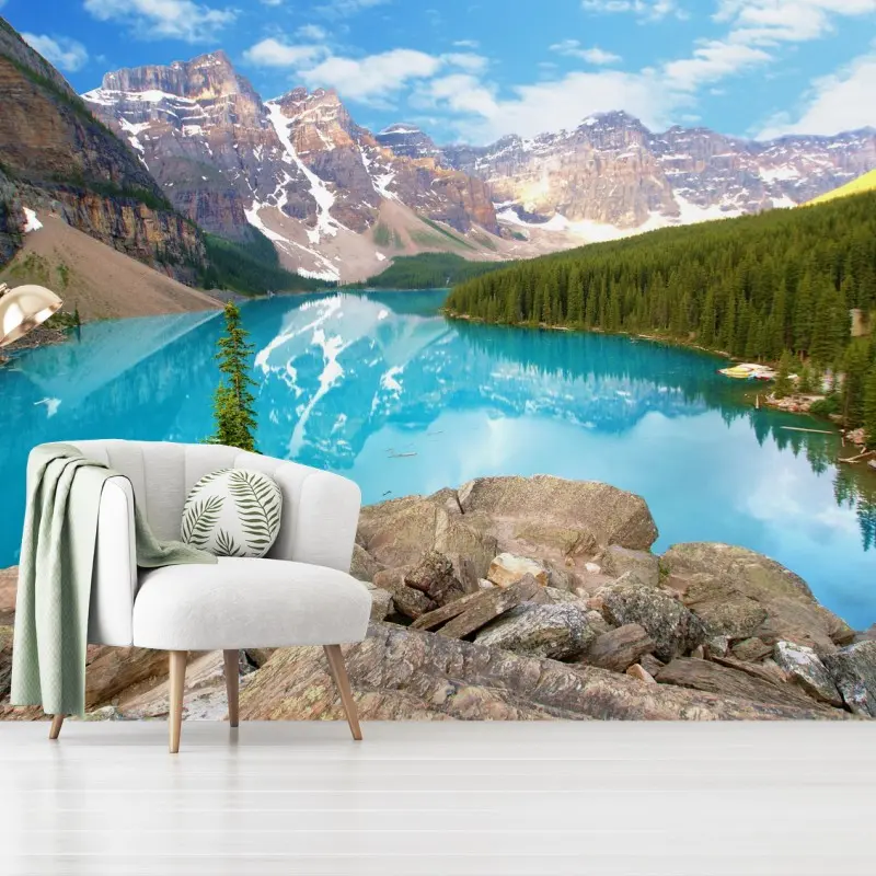 Fototapete türkisblauer bergsee mit kiefernwald