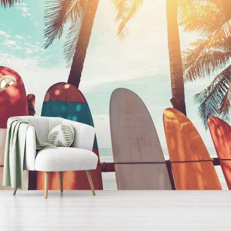 Fototapete surfboards und palmen am strand