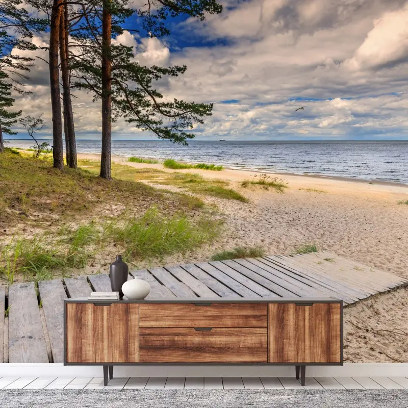 Fototapete ruhiger kiefernstrand am meer