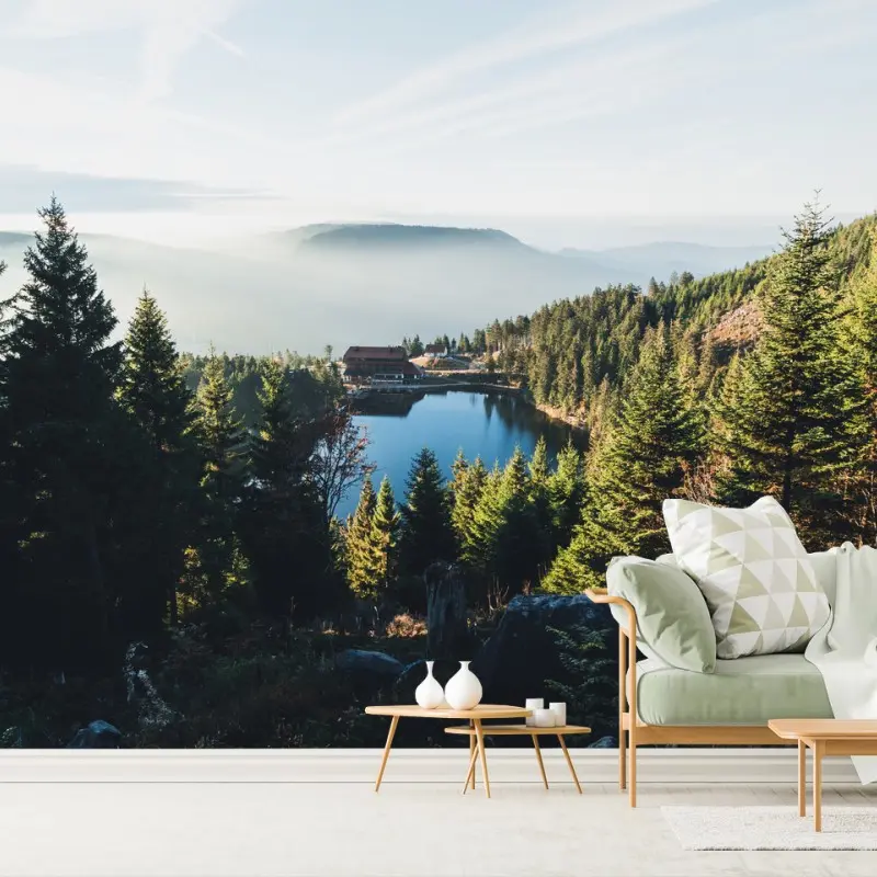 Fototapete neblige berglandschaft mit see