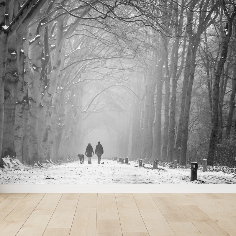 Fototapete nebliger winterwaldweg