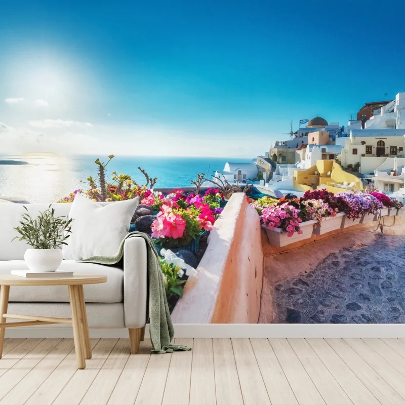 Fototapete Santorini terrasse mit blühenden blumen