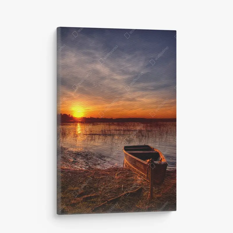 Leinwandbild boot bei sonnenuntergang am see