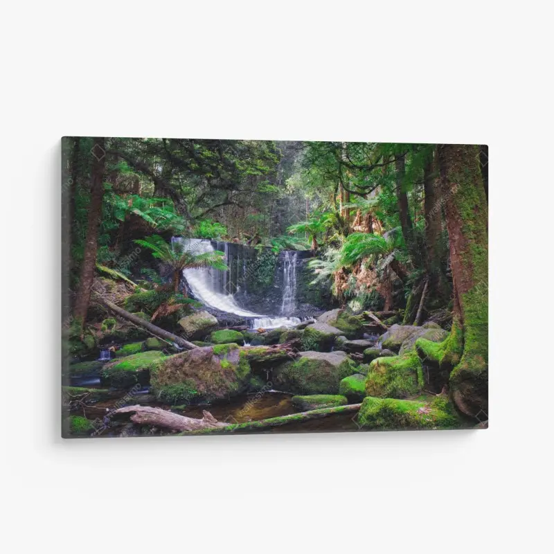 Leinwandbild moosbedeckter wasserfall im üppigen wald
