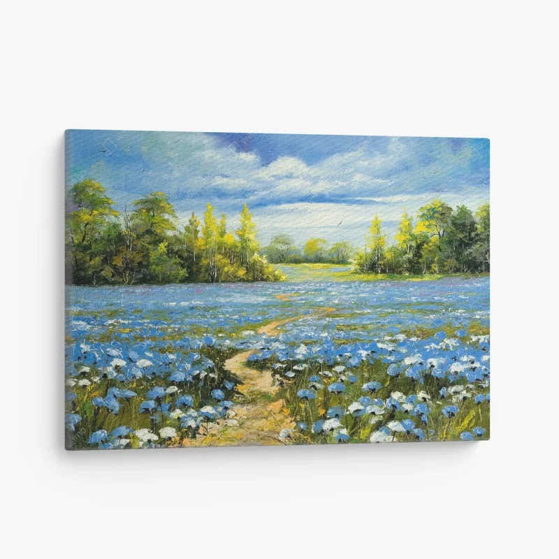Leinwandbild pfad durch eine blaue kornblumenwiese – Wallnifity®
