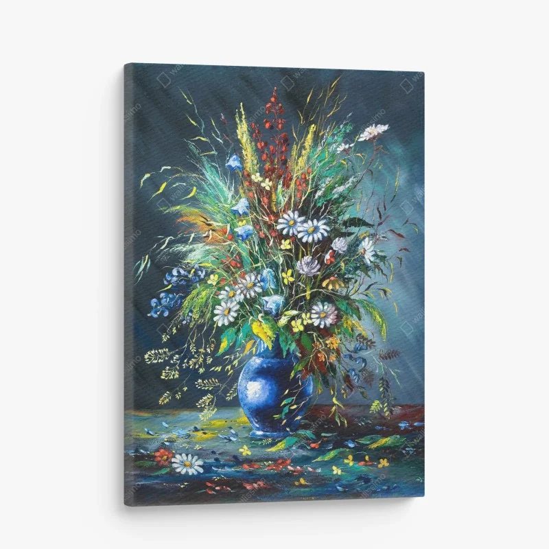 Leinwandbild strauß wilder blumen in blauer vase – Wallnifity®