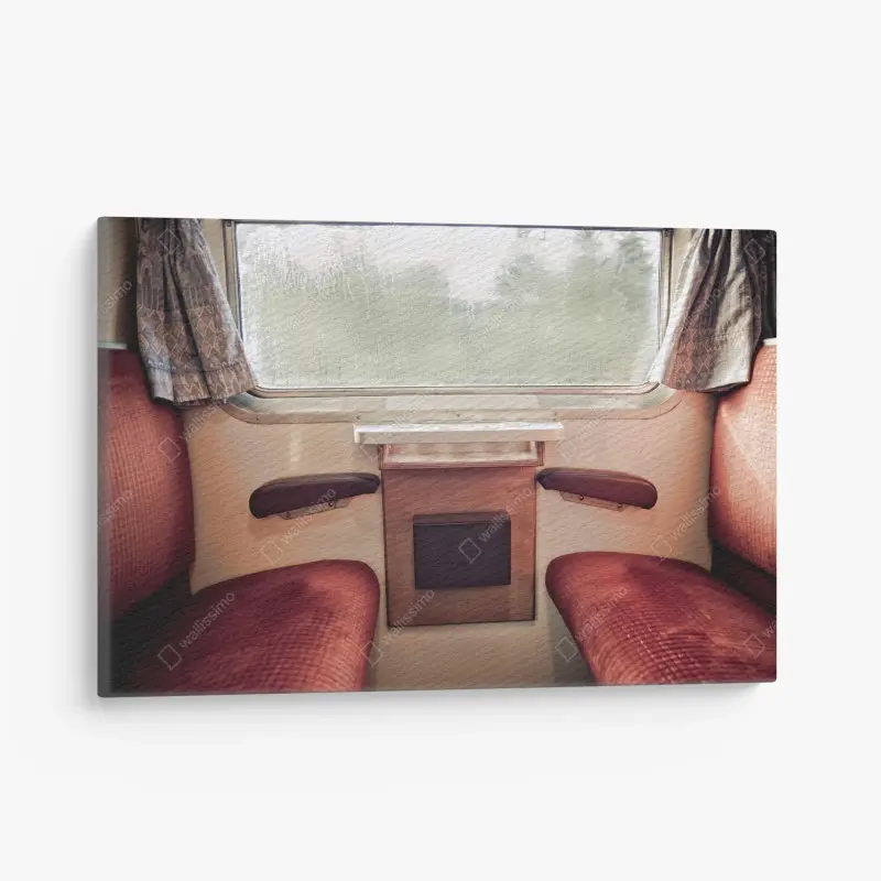 Leinwandbild vintage zugabteil mit regennassem fenster