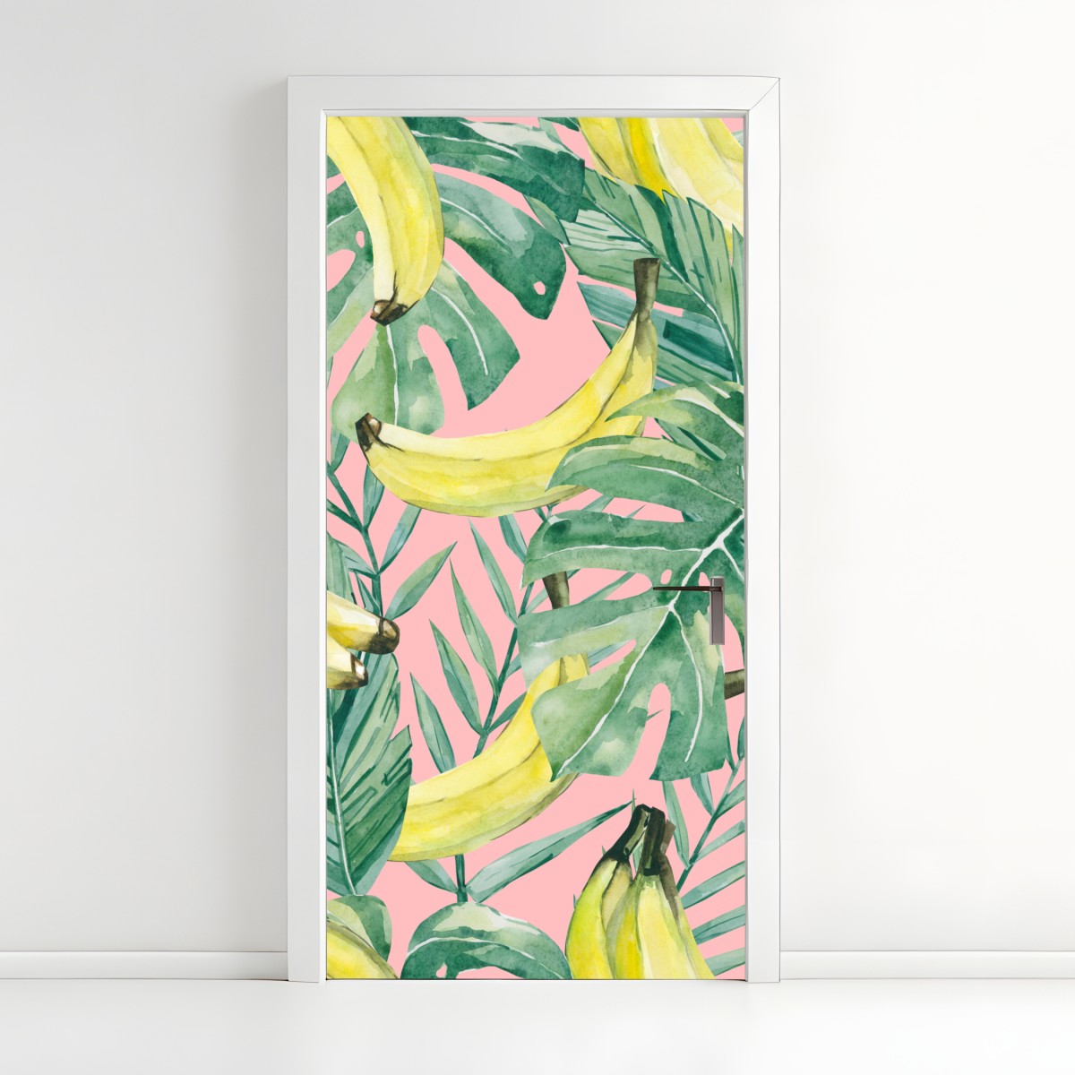 Türaufkleber aquarell-bananen und blättermuster auf rosa hintergrund – Wallnifity®