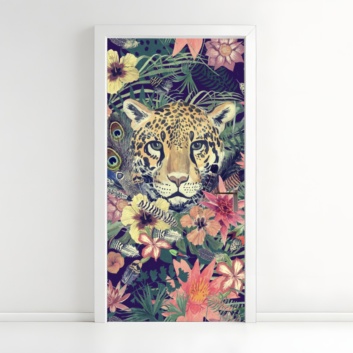 Türaufkleber vintage aquarell leopard im tropischen dschungel – Wallnifity®