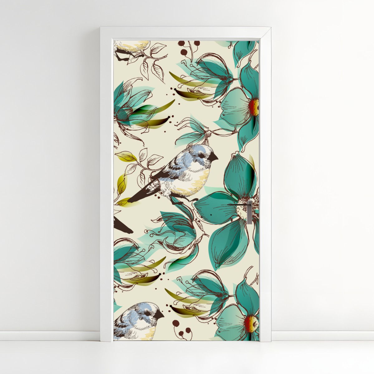 Türaufkleber retro türkis blumen- und vogelmuster – Wallnifity®