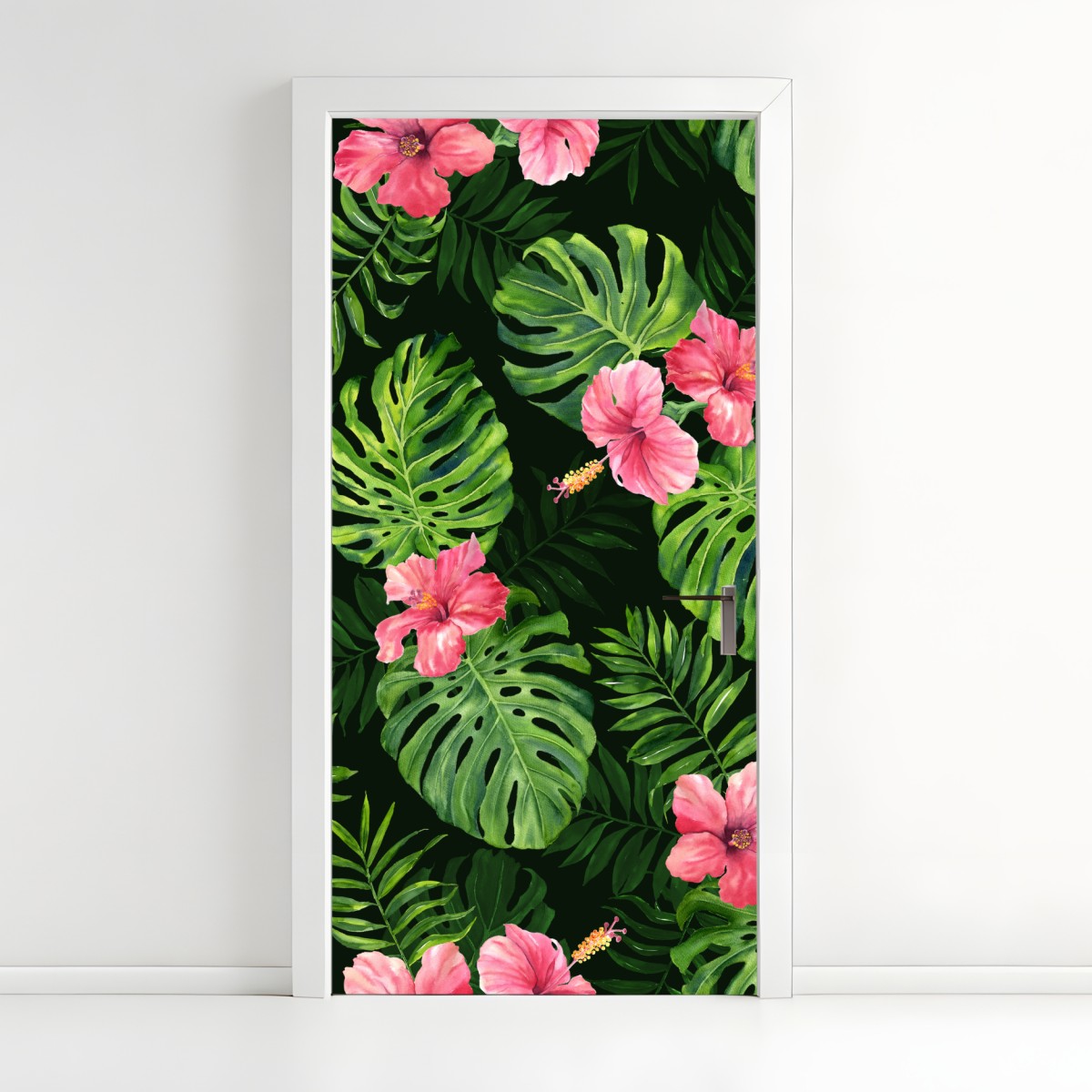 Türaufkleber tropisches monstera- und hibiskus-motiv – Wallnifity®