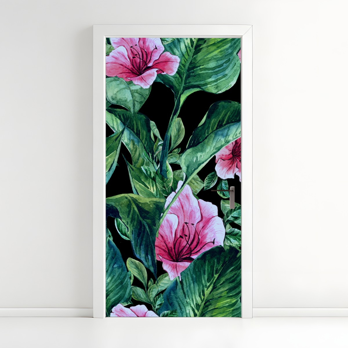 Türaufkleber rosa aquarellblumen auf schwarzem hintergrund – Wallnifity®