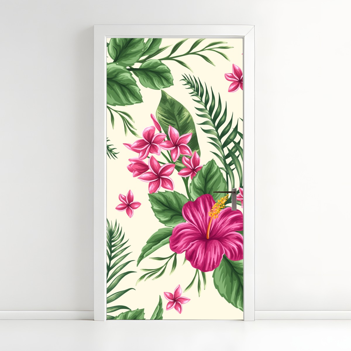 Türaufkleber tropisches muster mit rosa hibiskus – Wallnifity®