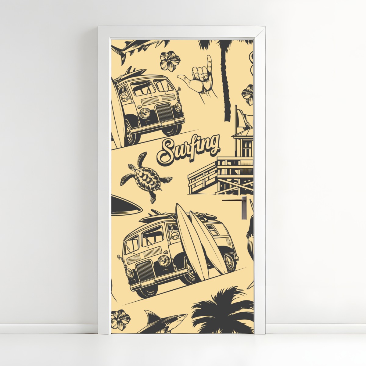 Türaufkleber retro surfing muster mit campingbus und wellen – Wallnifity®