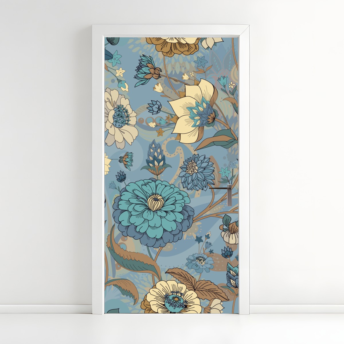 Türaufkleber vintage-blumenmuster in gedämpften blau- und beigetönen – Wallnifity®