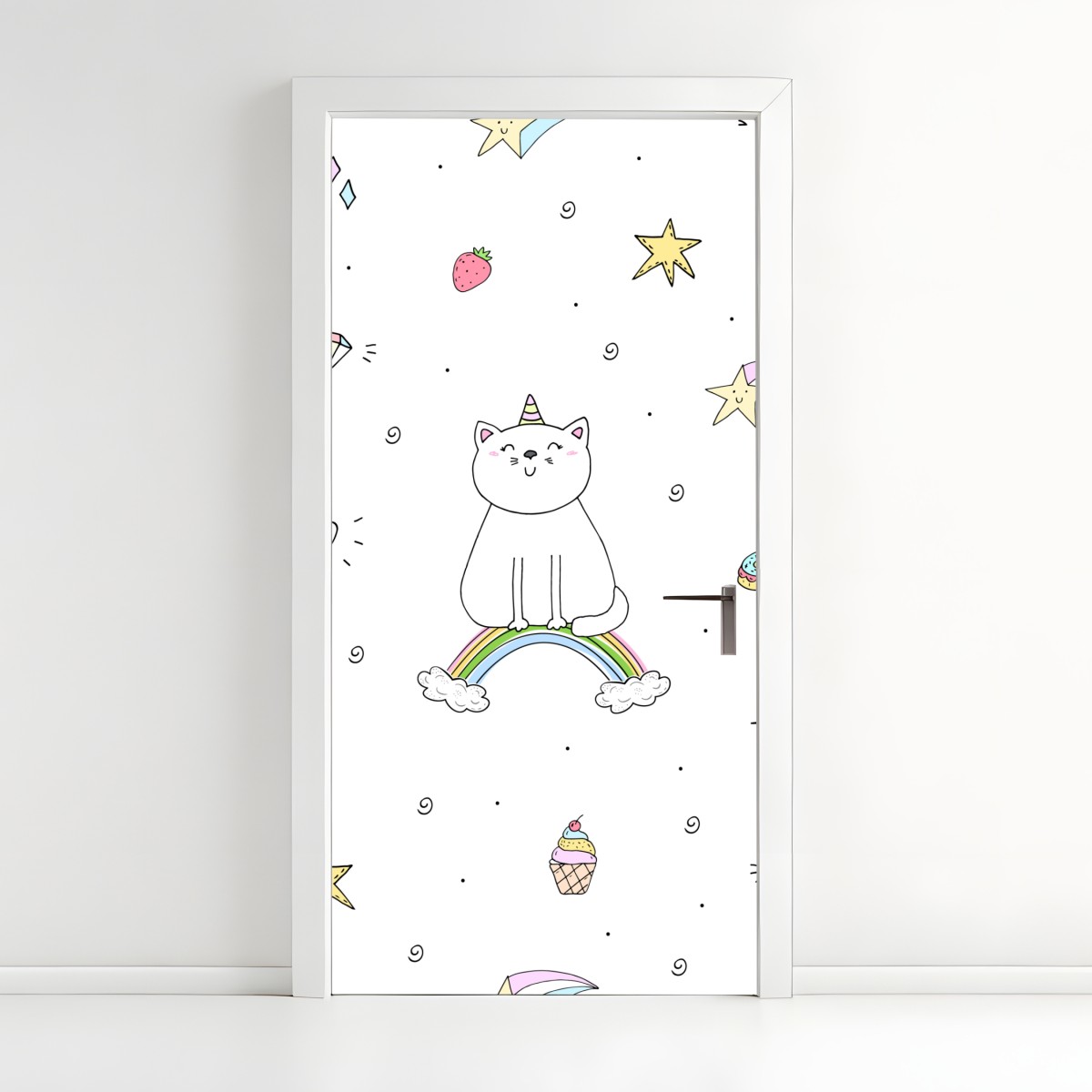 Türaufkleber pastell-einhornkatze auf dem regenbogen – Wallnifity®