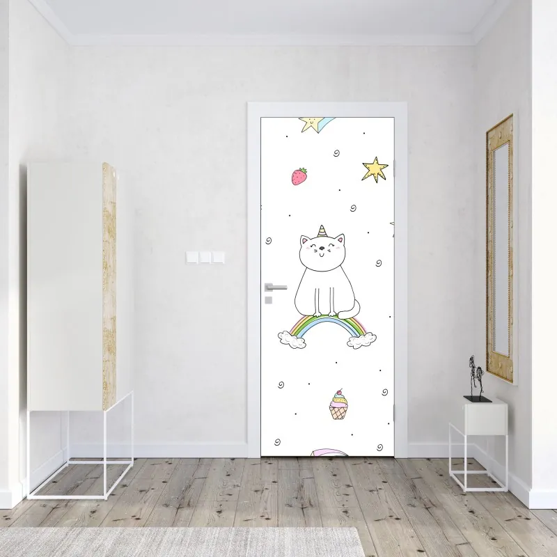 Türaufkleber mann mit regenbogen reitet geometrischen vogel – Wallnifity®