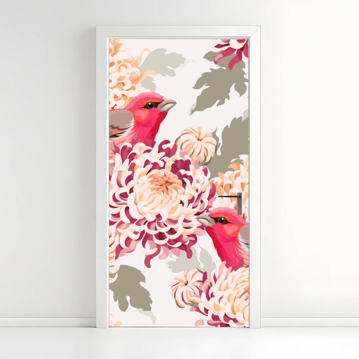 Türaufkleber rosa vögel und chryzanthemenmuster – Wallnifity®