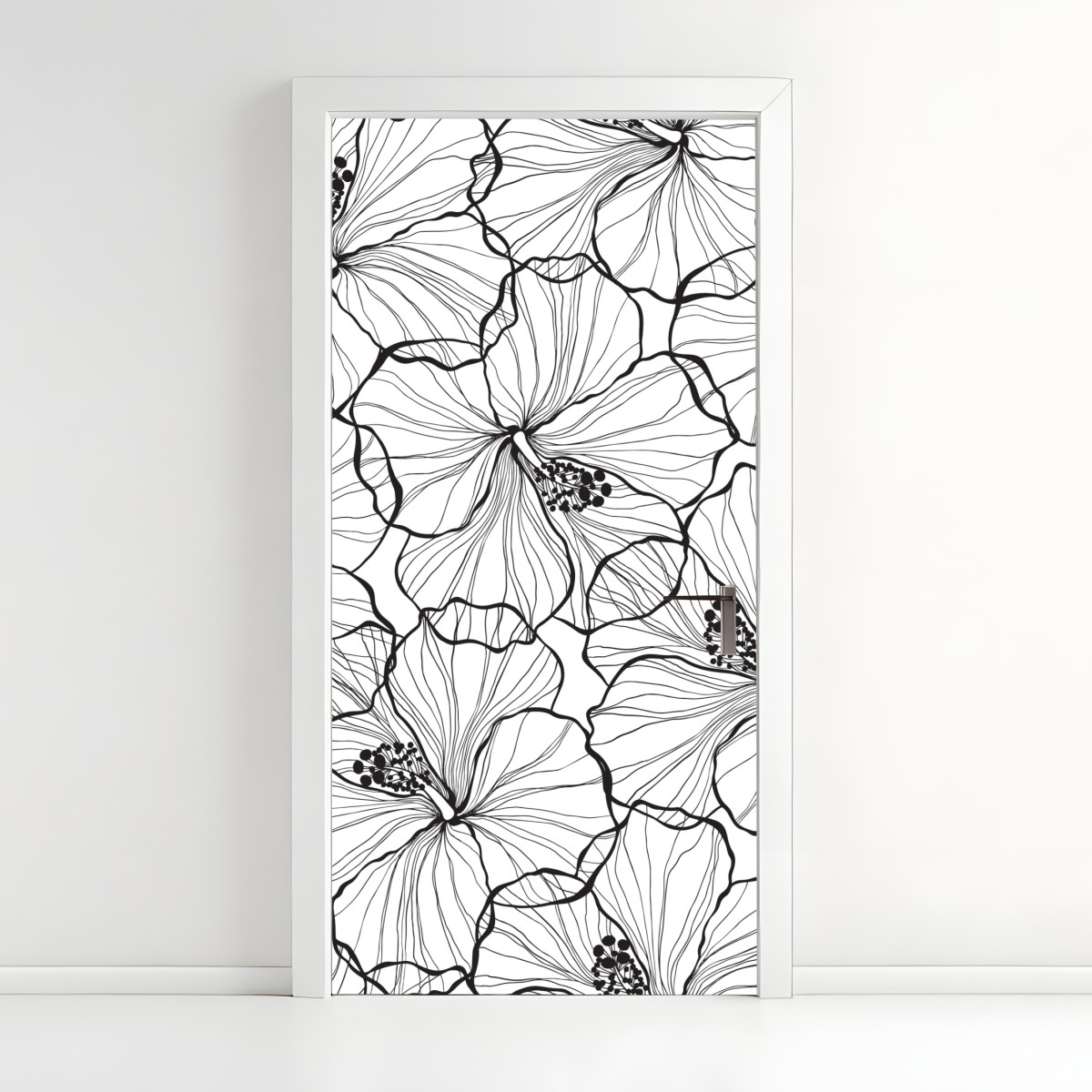 Türaufkleber schwarzweißes hibiskus line art muster – Wallnifity®