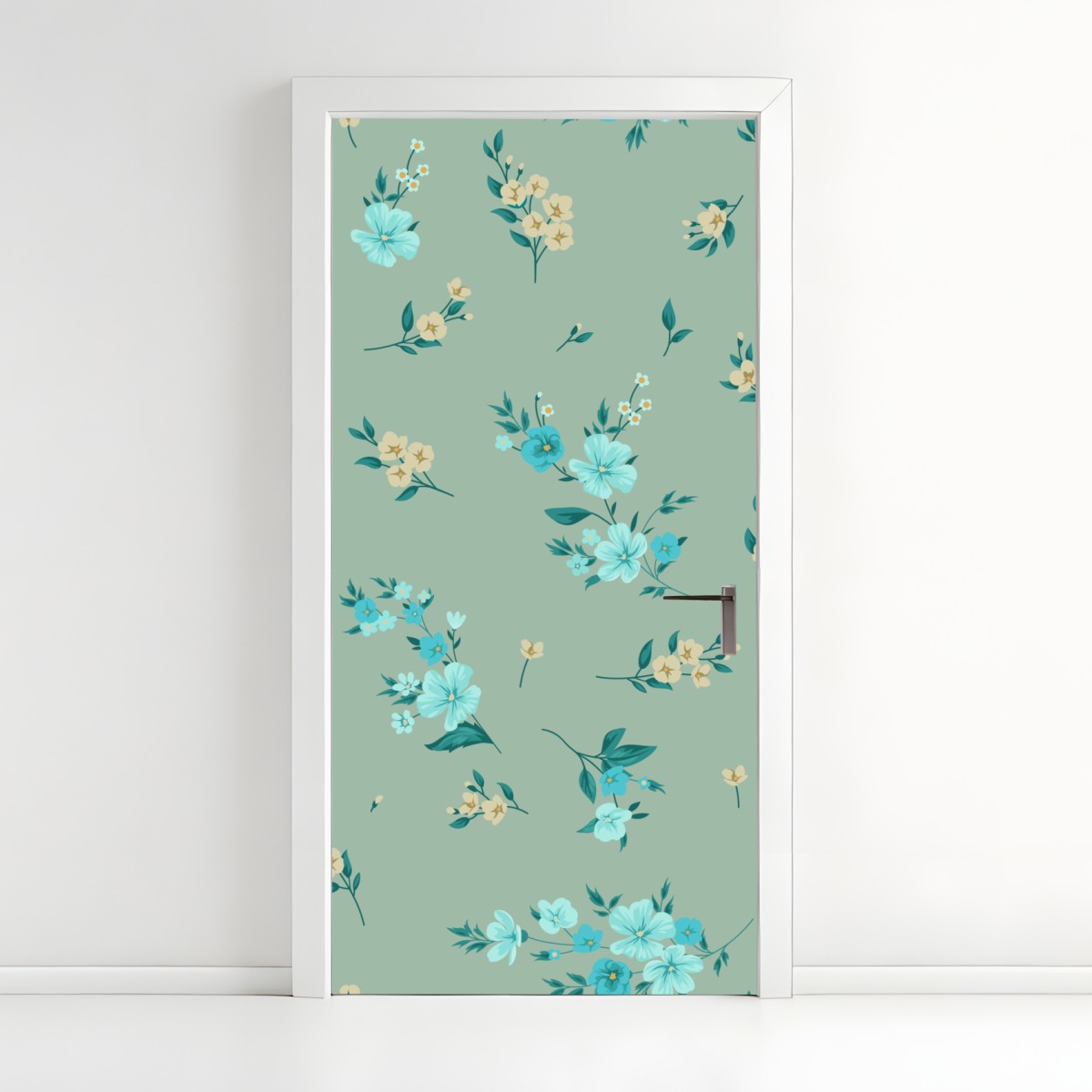 Türaufkleber pastell türkis blumenmuster auf salbeigrünem hintergrund – Wallnifity®