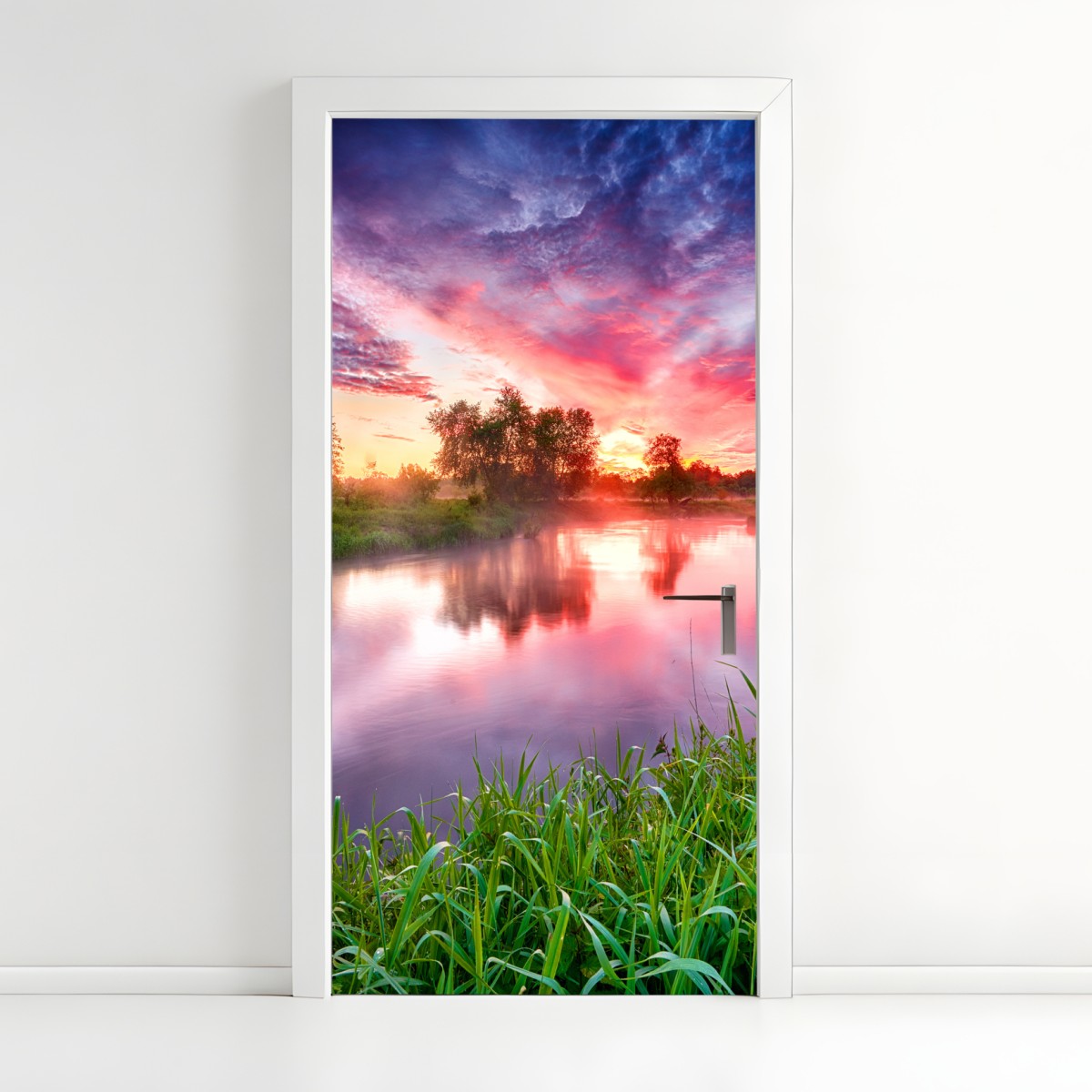 Türaufkleber ruhiger sommer sonnenaufgang am flussufer – Wallnifity®