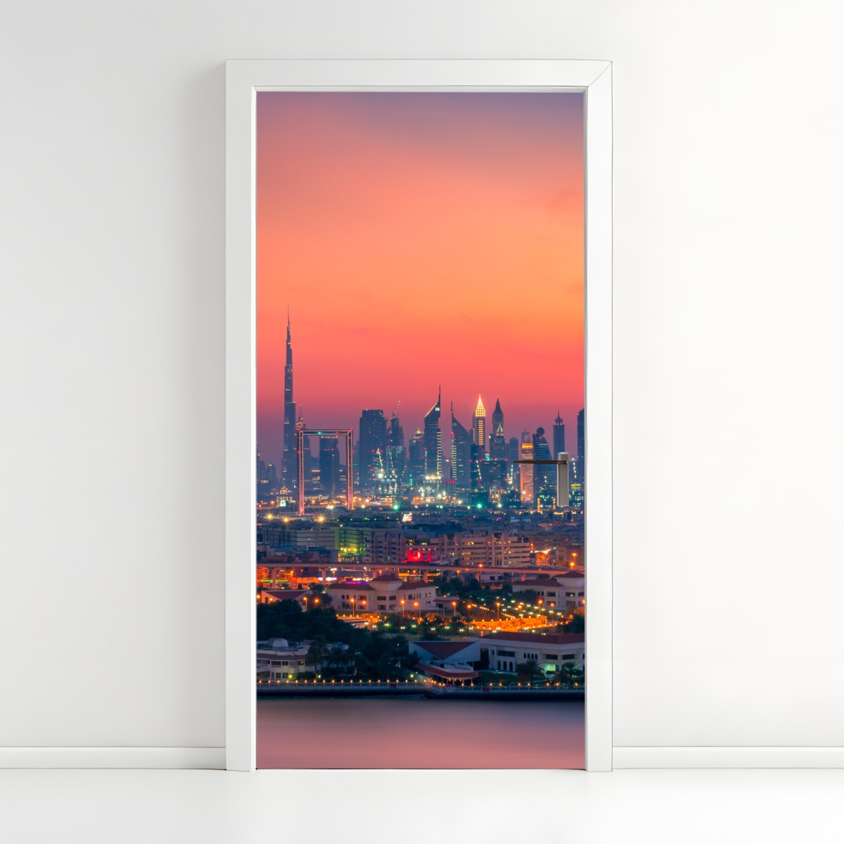 Türaufkleber Dubai skyline bei sonnenuntergang – Wallnifity®