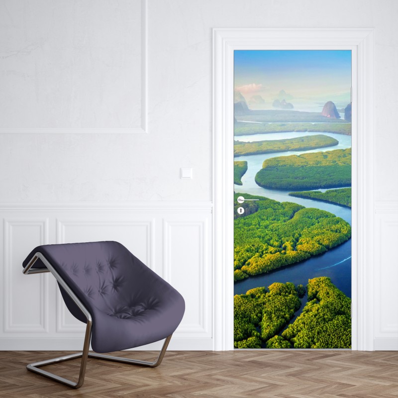 Türaufkleber leuchtende lila-blaue abstrakte 3d-formen – Wallnifity®
