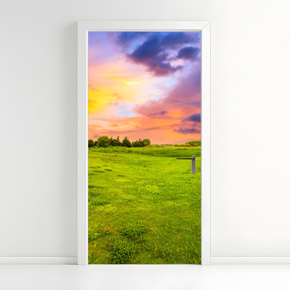 Türaufkleber sonnenuntergang über grüner wiese – Wallnifity®