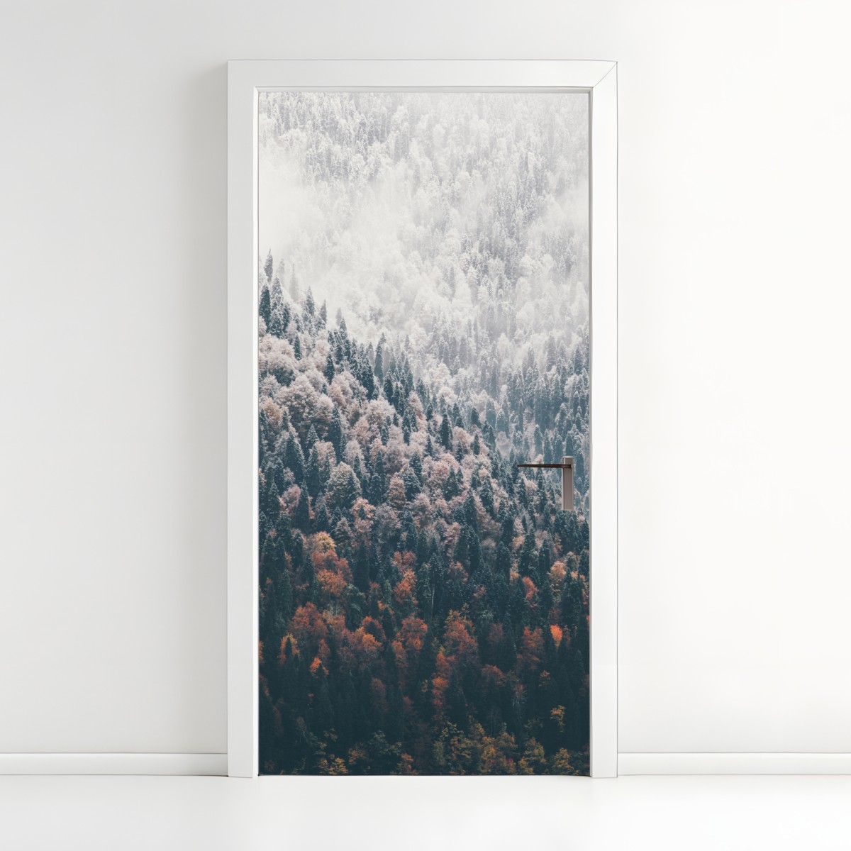 Türaufkleber nebliger herbstwald am schneebedeckten berg – Wallnifity®