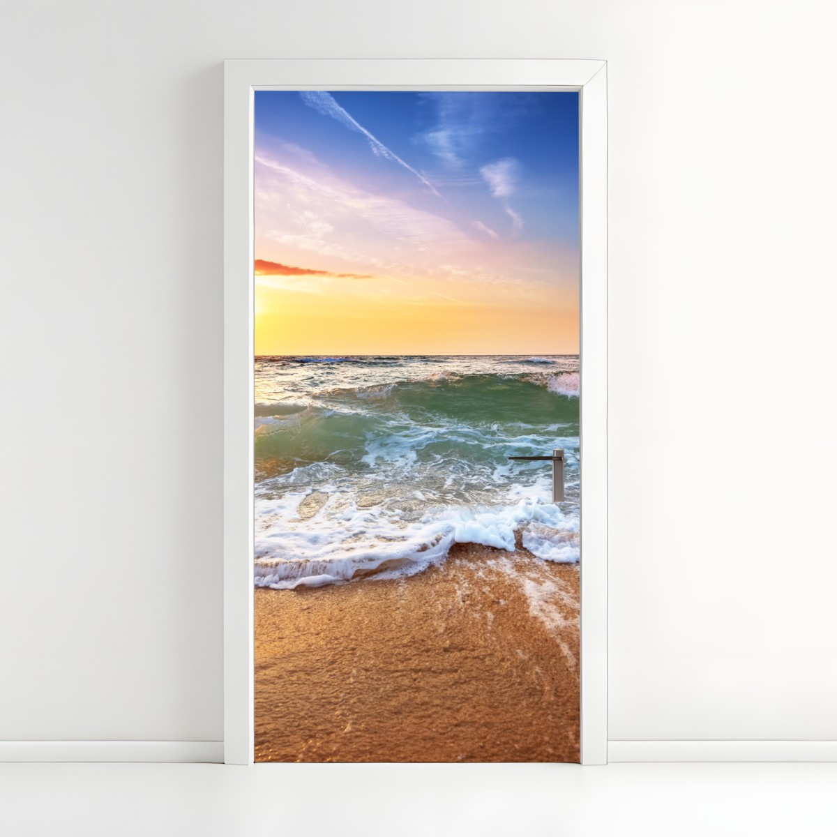 Türaufkleber goldener sonnenuntergang am strand mit sanften wellen – Wallnifity®