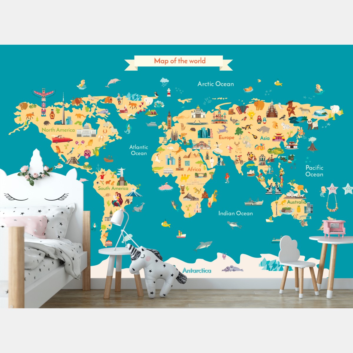 Fototapete bunte illustrierte weltkarte für kinder – Wallnifity®