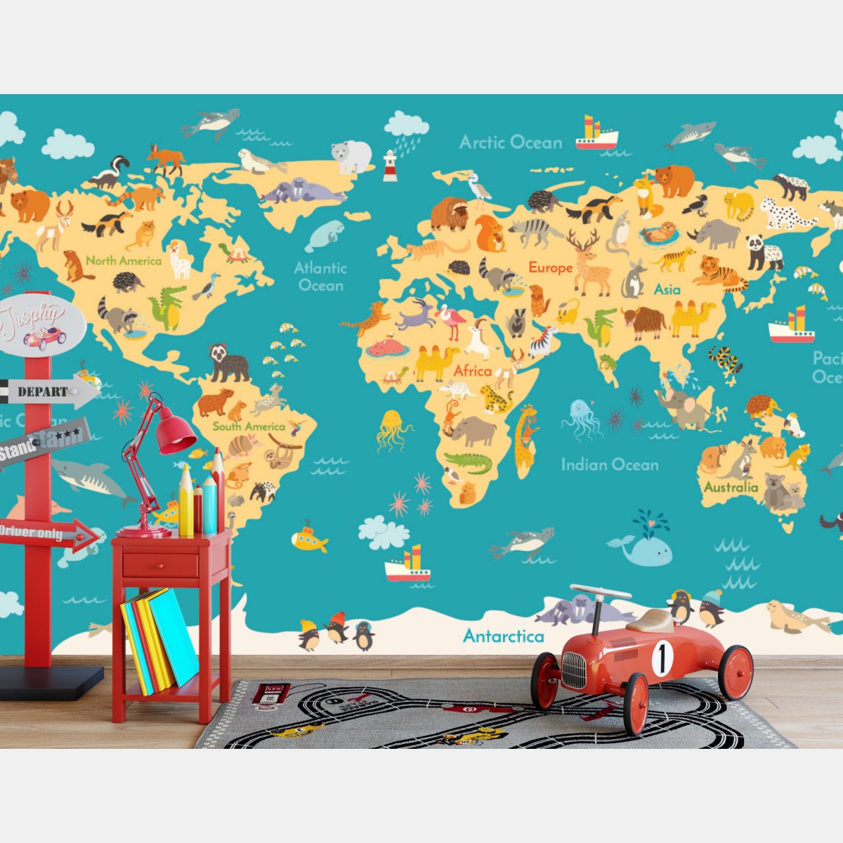 Fototapete bunte weltkarte mit tieren – Wallnifity®