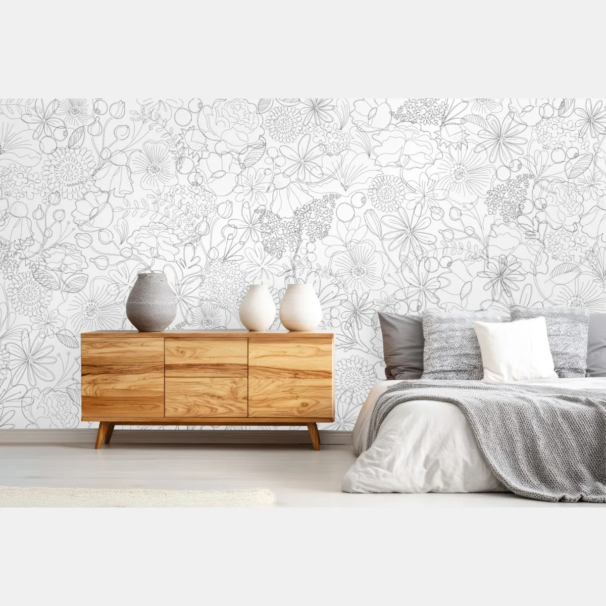 Fototapete zartes handgezeichnetes blumenlinienmuster – Wallnifity®