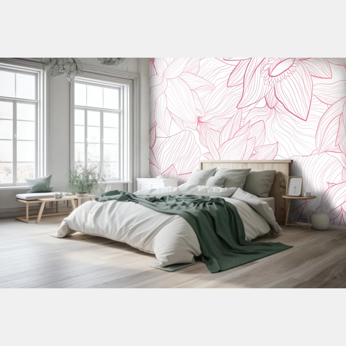 Fototapete zartes rosa blumenlinienmuster – Wallnifity®
