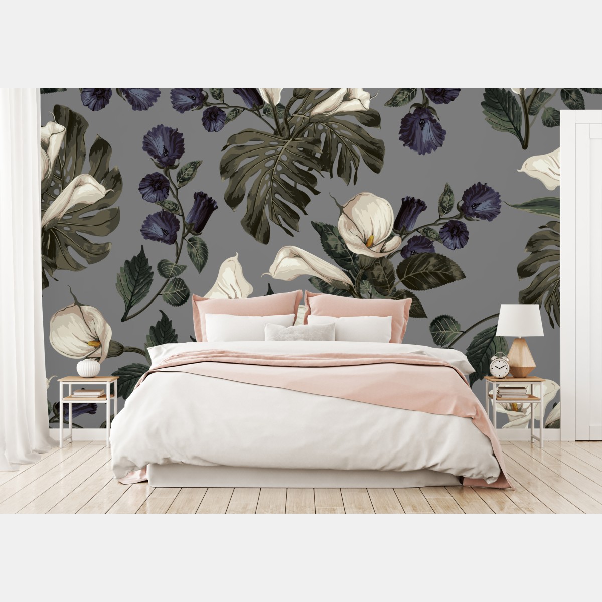 Fototapete vintage calla blumenmuster auf grauem hintergrund – Wallnifity®