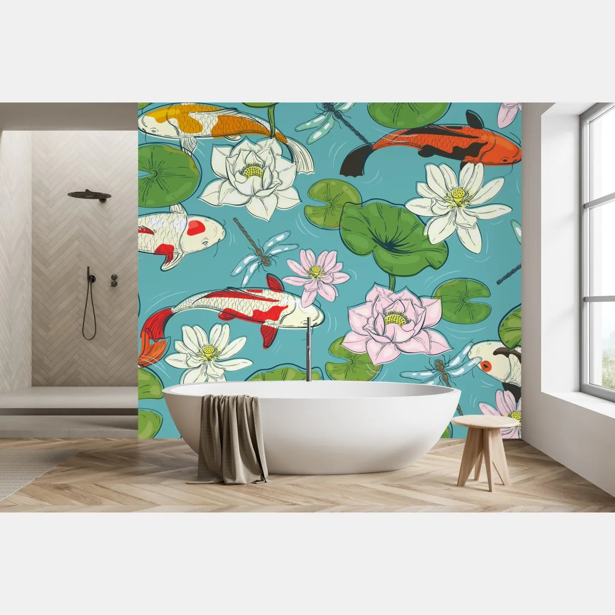 Fototapete ruhiger koi-teich mit lotuspflanzen – Wallnifity®