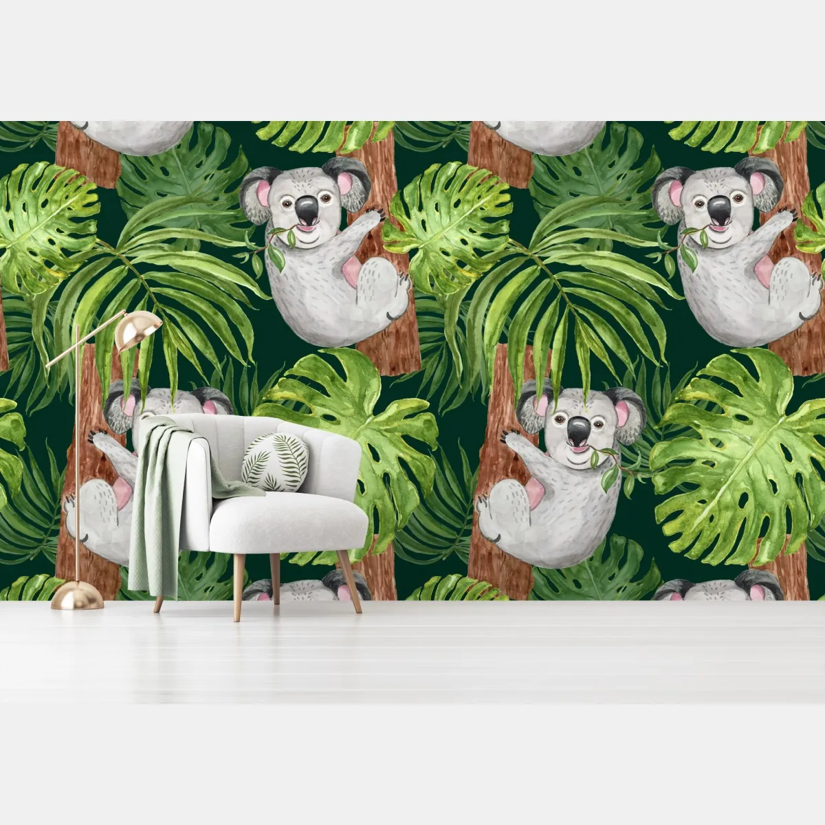 Fototapete niedliches aquarell-koala-muster mit tropischen blättern – Wallnifity®