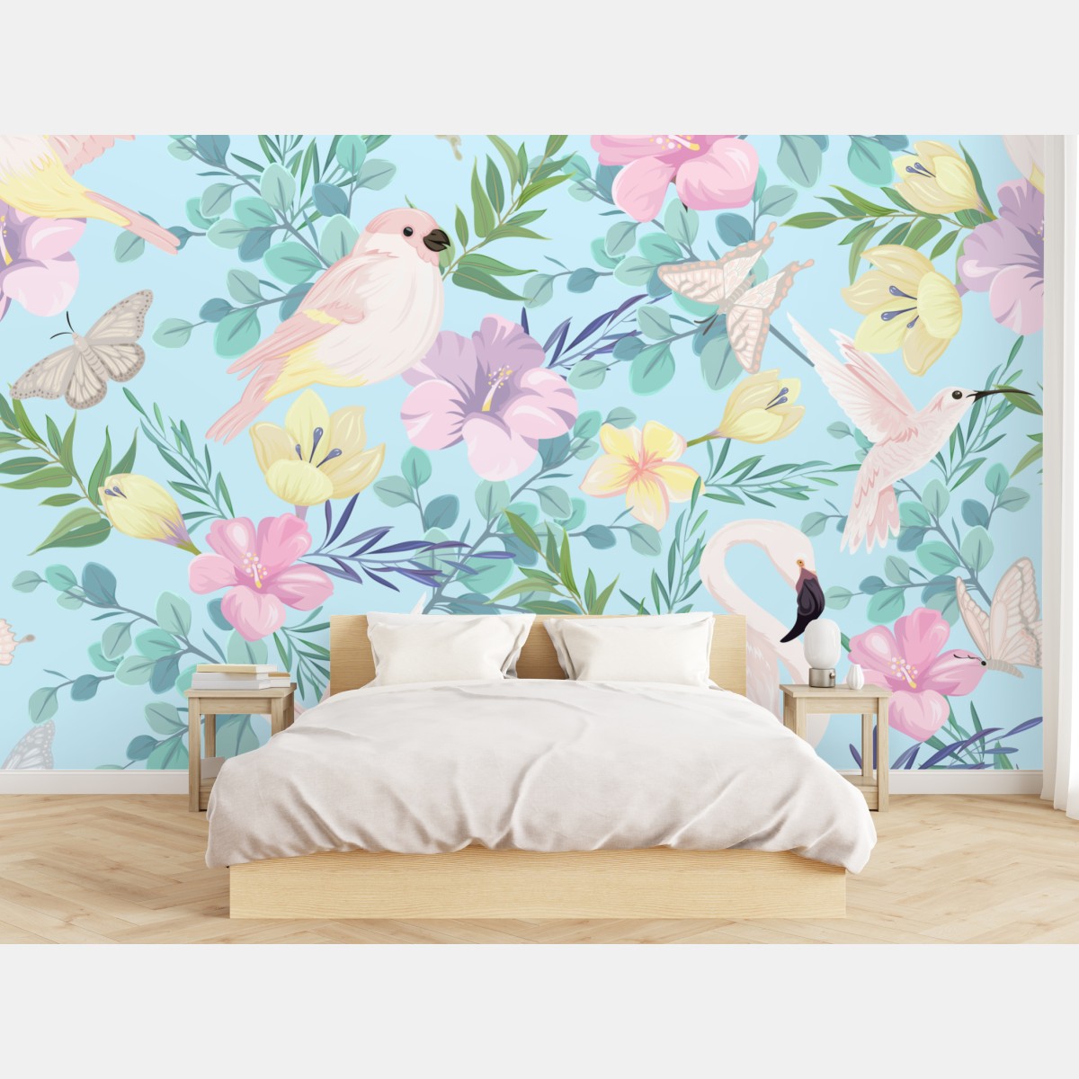 Fototapete pastell tropisches vögel- und blumenmuster – Wallnifity®