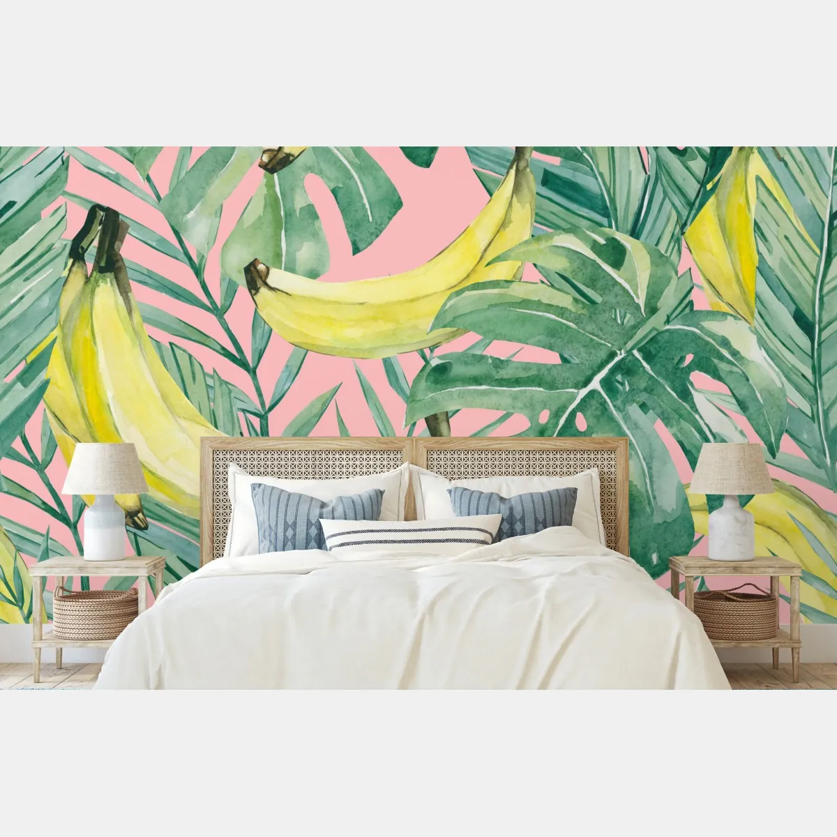 Fototapete aquarell-bananen und blättermuster auf rosa hintergrund – Wallnifity®