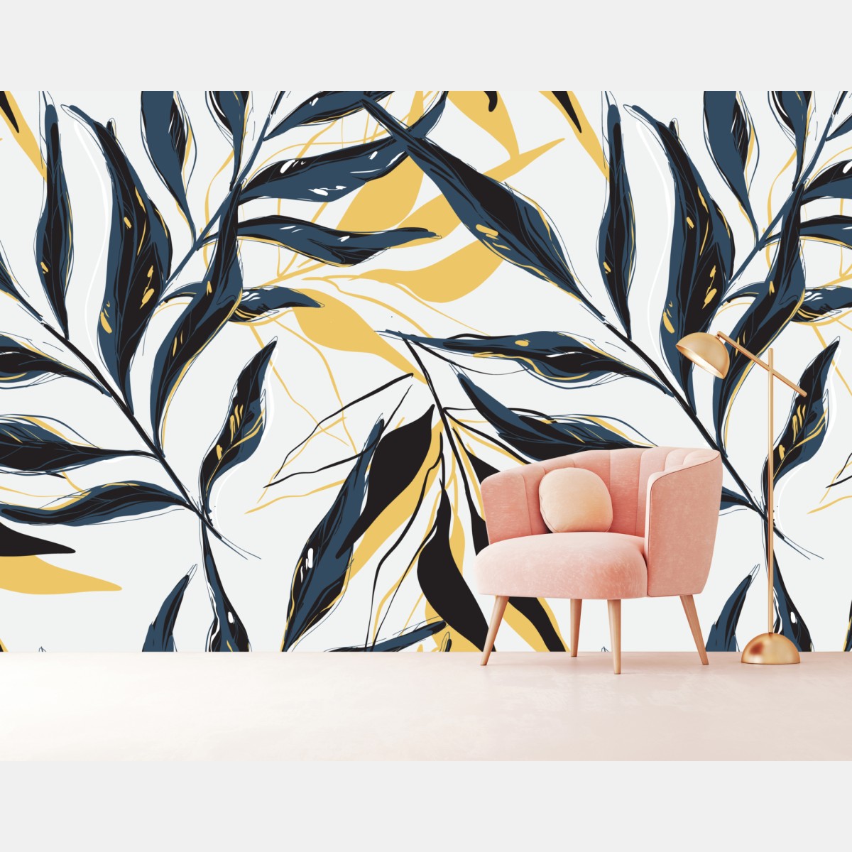 Fototapete marineblaue und goldene botanische blattkomposition – Wallnifity®