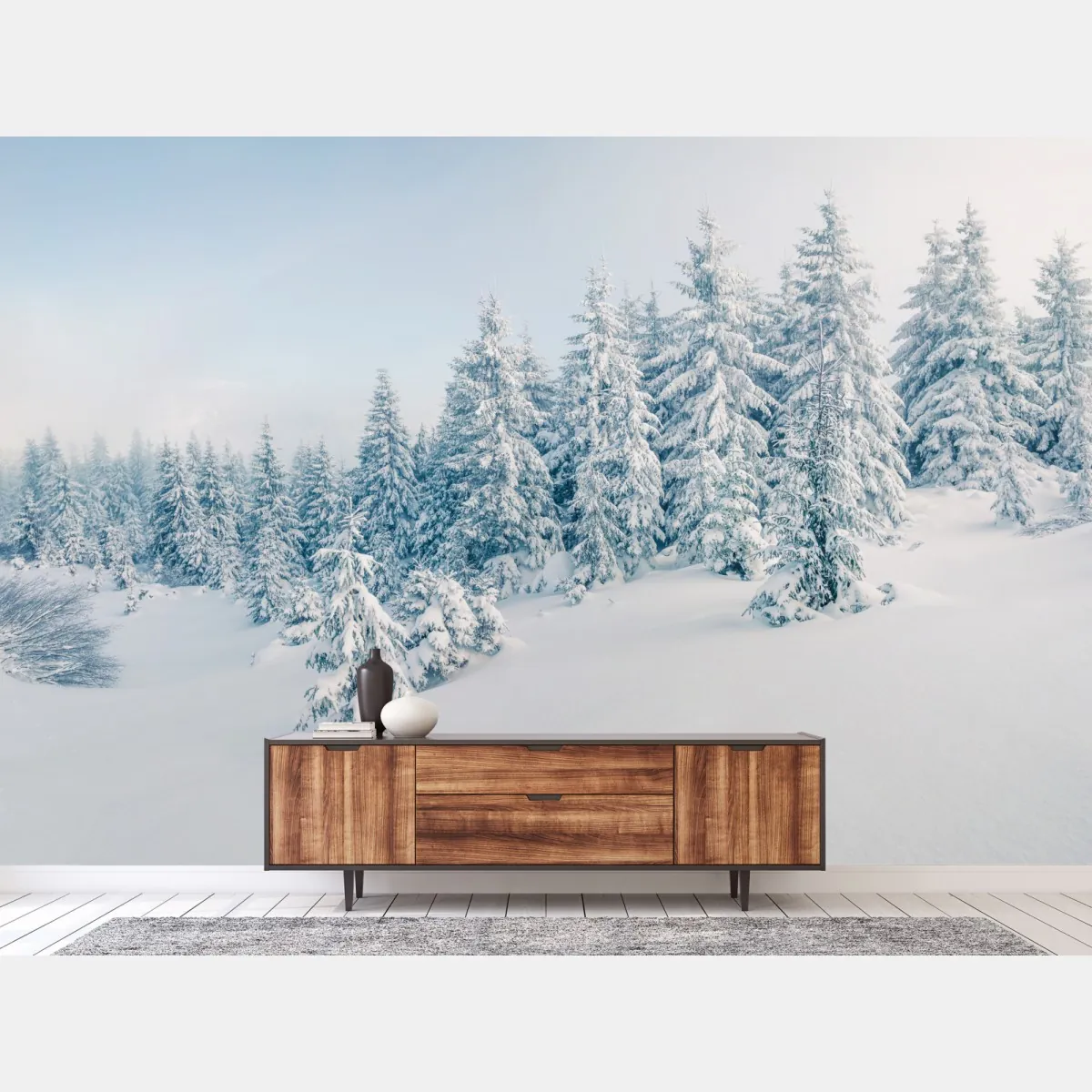Fototapete winterliche waldpanorama mit schneebedeckten fichten – Wallnifity®