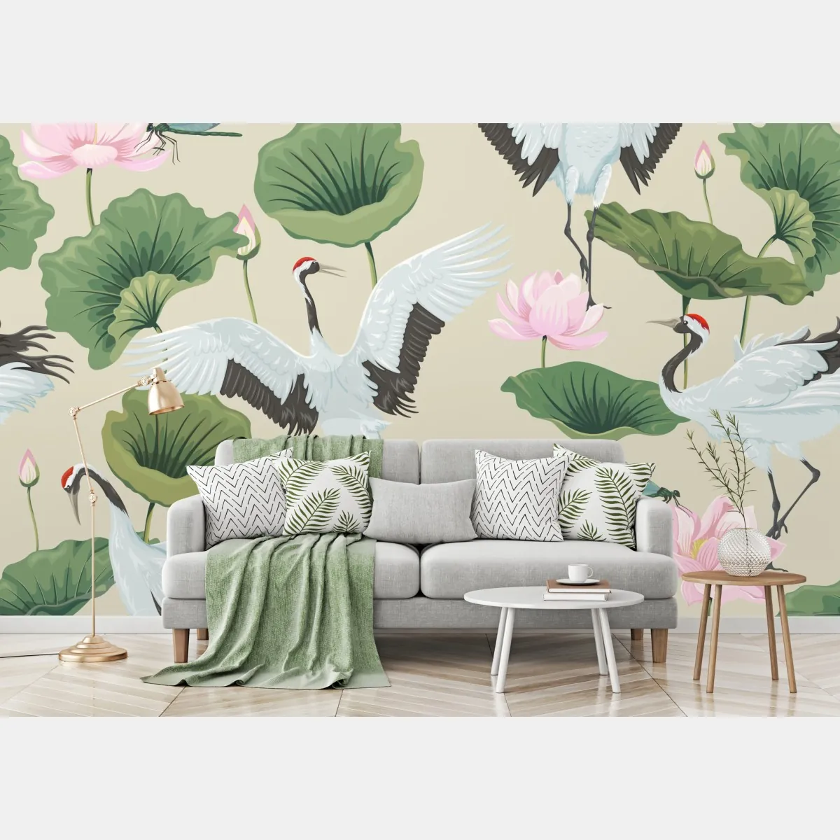 Fototapete elegantes muster mit kranichen und lotusblumen – Wallnifity®