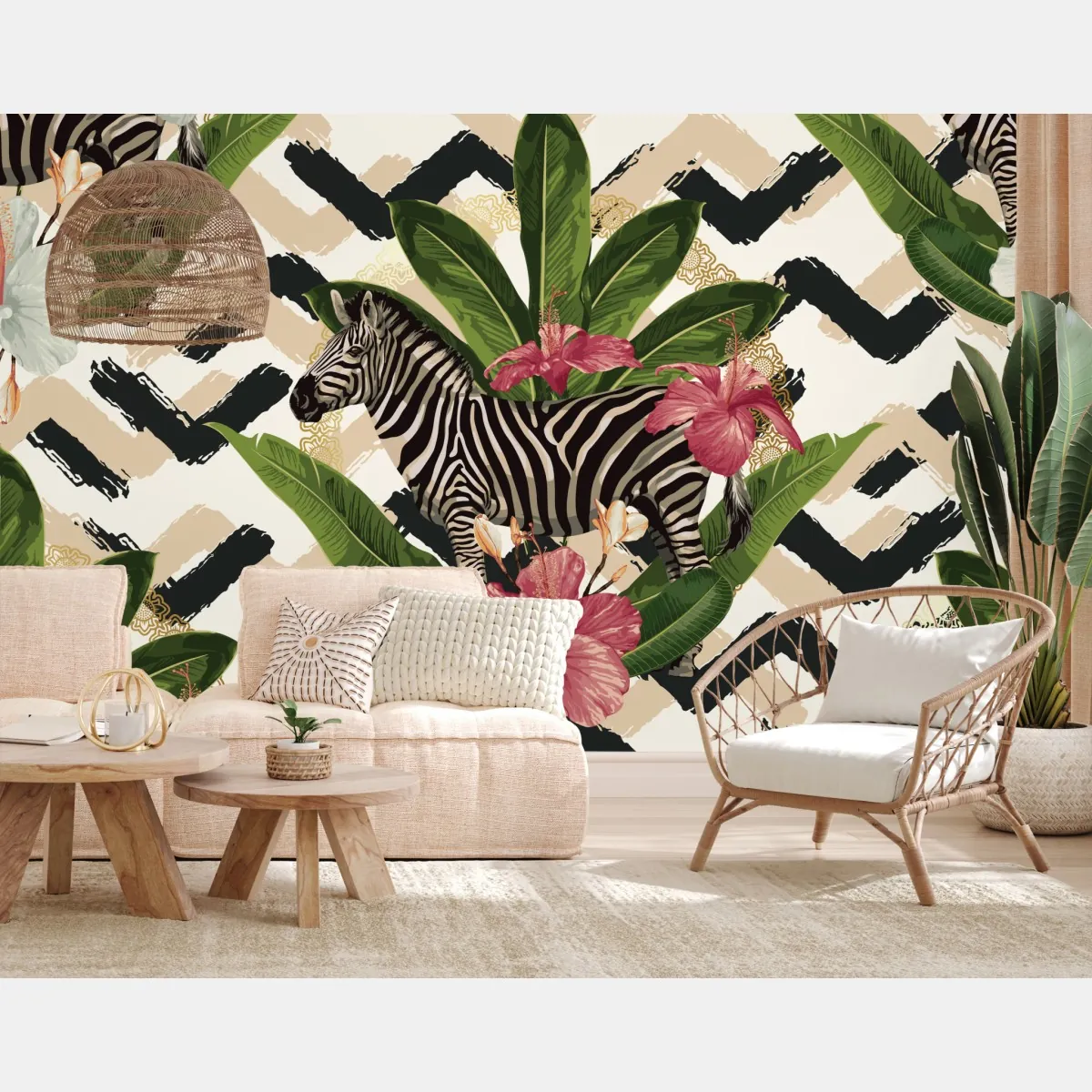 Fototapete vintage tropisches muster mit zebra und hibiskus – Wallnifity®