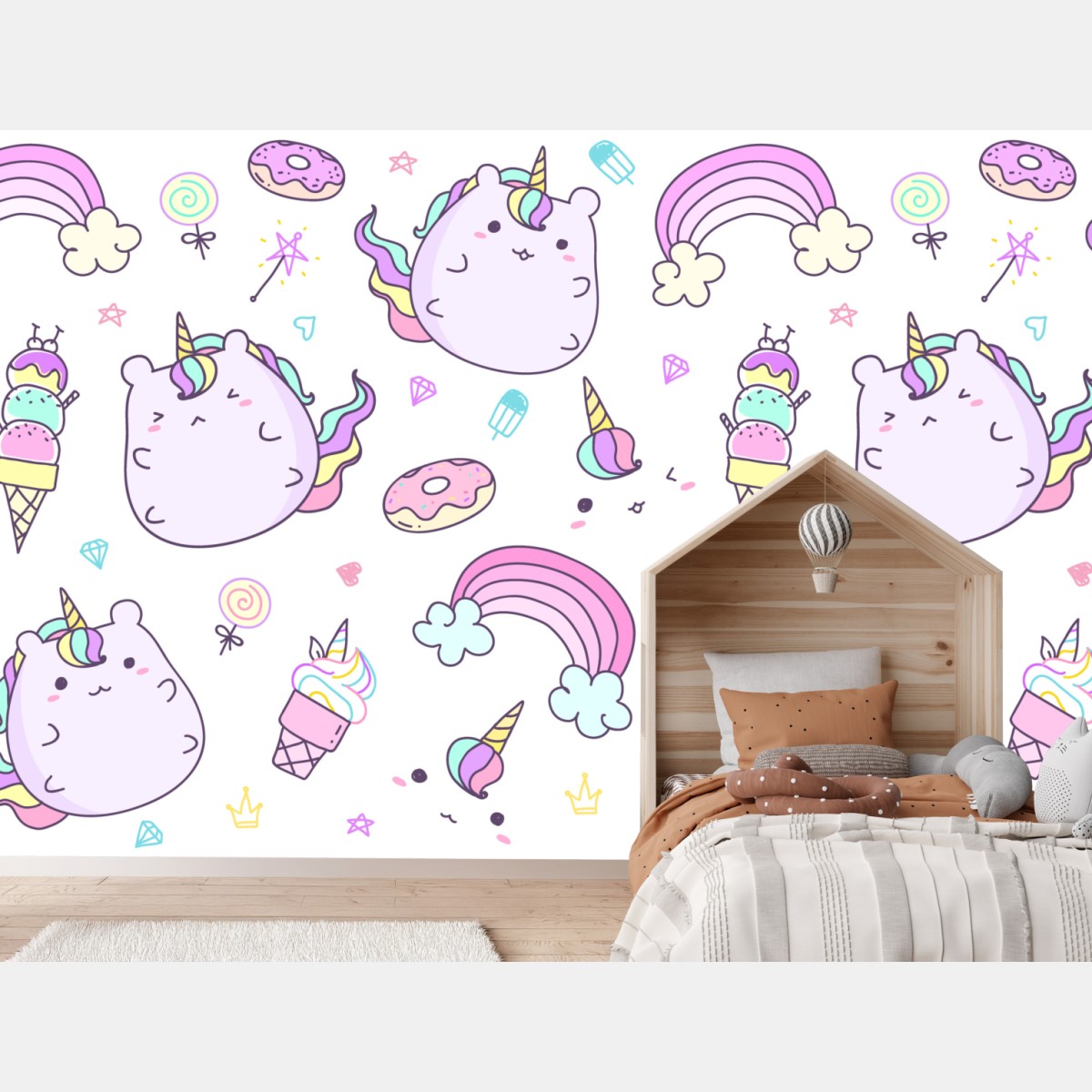 Fototapete verspieltes pastell-einhorn-katzenmuster – Wallnifity®