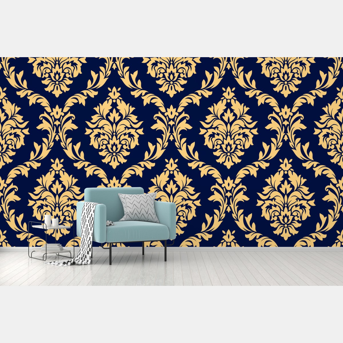 Fototapete elegantes goldenes damastmuster auf tiefblauem hintergrund – Wallnifity®