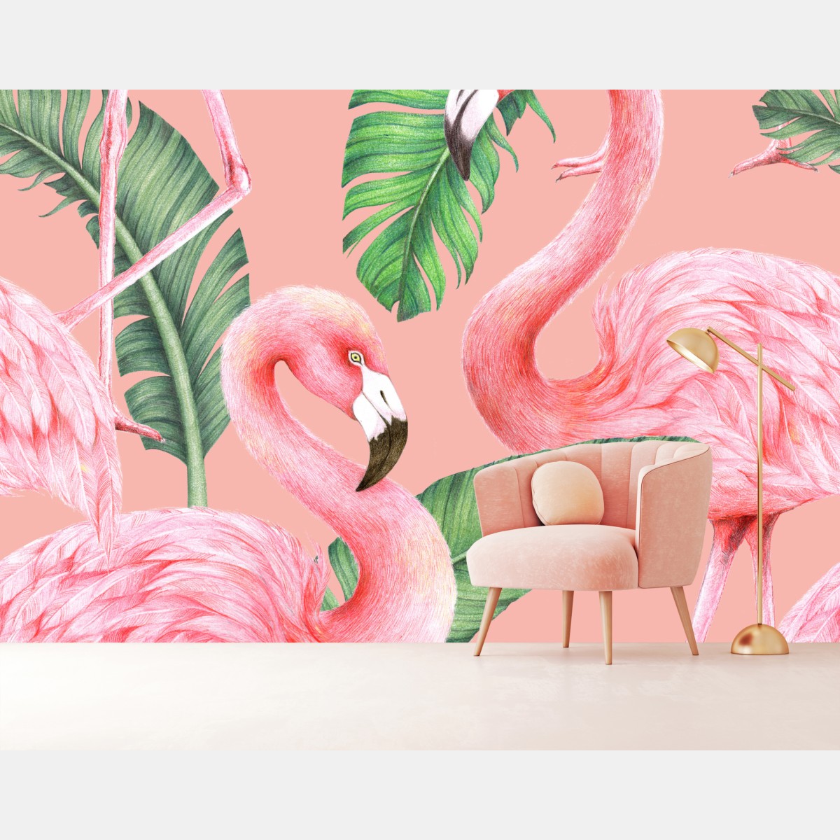 Fototapete rosa flamingo muster mit tropischen blättern – Wallnifity®